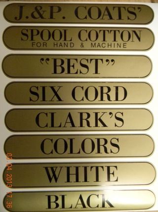 J & P Coats Spool Cabinet Labels 8 Piece Set / Black On Gold 10 1/4 X 1 5/8