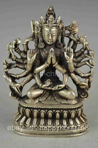 China Old Copper Plating Silver More Arm Hand Buddha Kwan - Yin Statue D01