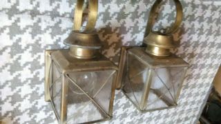 Pair Vintage Brass English Tudor Lantern Style Outside Porch / Patio Nite Lights