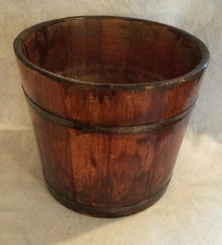 Antique Primitive Wooden Bucket With Metal Bands 10 " H X 11 " Diameter
