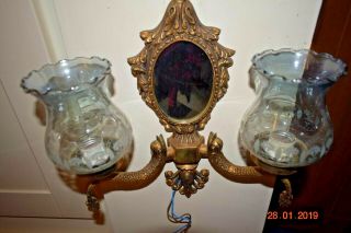 Antique French Brass Mirror With 2 Lamps Fish Brackets