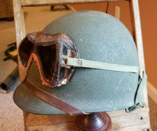 Wwii Ww2 U.  S.  Front Seam M1 Helmet Cork With Firestone Liner & Googles.