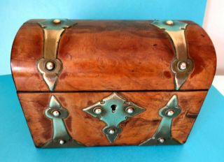 Fine Antique Walnut Wood Arched Top,  Gothic Brass Straps Tea Cady Box.