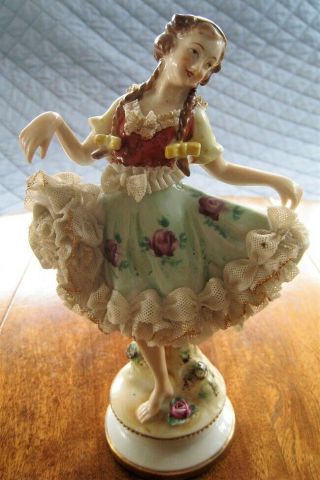 Germany Dresden Volkstedt ? Antique Lace Porcelain Lady Girl Figurine Bare Foot