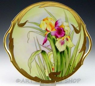 Antique T&v Limoges Pickard 10.  75 " Iris Flowers Gold Plate Charger Artist Signed