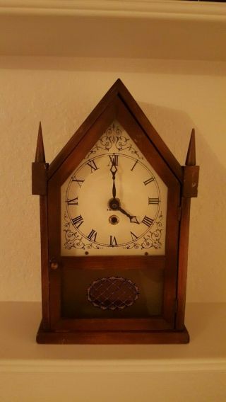Vintage Wooden Case Steeple Mantle Clock W/ Turn Key