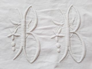 Antique French Linen Hand Embroidered Monogram Bb Runner / Boddy Pillow Sham