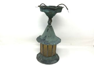 Antique Arts & Crafts Copper Proch Exterior Light Lamp Leaded Glass