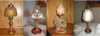 Antique Slag Glass And Reverse Painted Boudoir Lamps