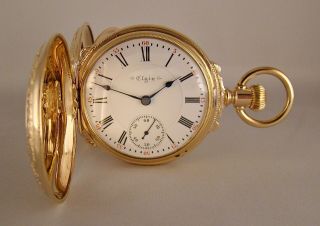 122 Years Old Elgin 21j 14k Gold Filled 18s Box Hinge Hunter Case Pocket Watch