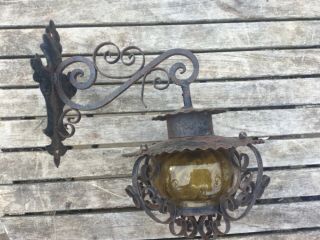 Arts & Crafts Wrought Iron Outside Porch Wall Lamp With Amber Glass Shade 13 "
