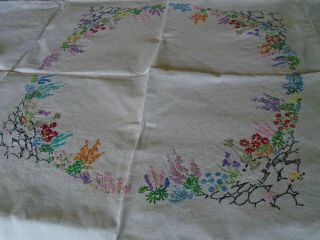 Vintage Hand Embroidered Irish Linen Tablecloth - 47 X 51 Inches