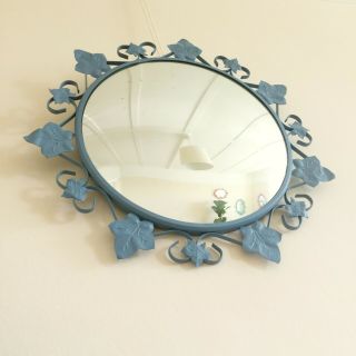 Slate Blue 1950 ' s Vintage Wrought Iron Convex Witch Mirror; Ivy/ Scrolls 2