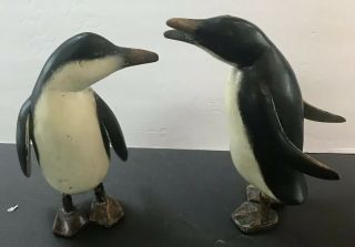 Folk Art Penguin Pair Carved Wood Painted Two Vintage 20s 30s Style 10.  5”