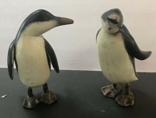 Folk Art Penguin Pair Carved Wood Painted Two Vintage 20s 30s Style 10.  5” 2