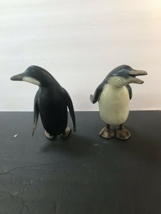 Folk Art Penguin Pair Carved Wood Painted Two Vintage 20s 30s Style 10.  5” 8