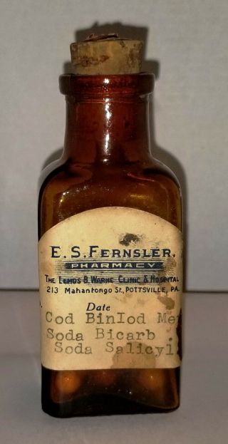 Antique Vintage E.  S.  Fernsler Cod Biniod Merc Apothecary Glass Pharmacy Bottle