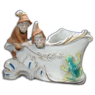 Bisque Elves And Frogs Planter - Turn Of The Century