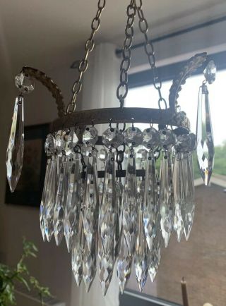 Antique Art Deco Glass Crystal Drop Chandelier Double Tiered Metal Lampshade