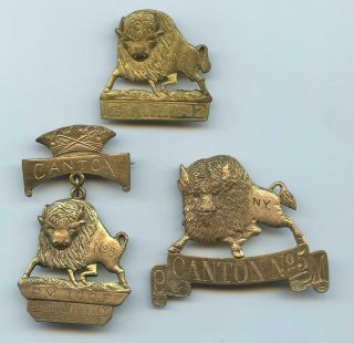 1800’s - 3 Heavy Brass Figural Buffalo Pinbacks - G.  A.  R. ,  Fraternal,  Odd Fellows