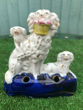 Mid 19thc Staffordshire Poodle Dog With Basket In Mouth & Poodles C1850s