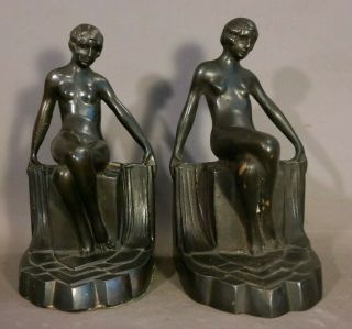 (2) Antique Art Deco Era Bronze Nude Lady Sculpture Statue Old Figural Bookends