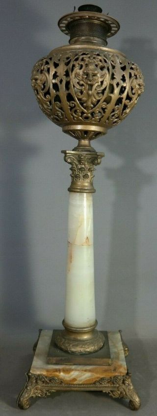 Lg 19thc Antique Gothic Victorian Devil Bust Grotesque Alabaster Banquet Lamp