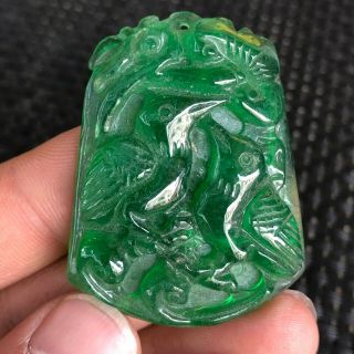 Collectible Rare Green Jadeite Jade Handwork Ganoderma & Birds Chinese Pendant