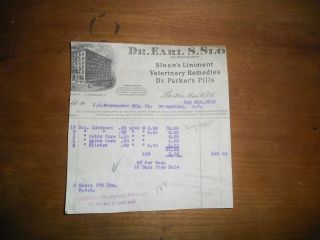 1911 Pharmaceutical Invoice Dr Earl Sloan Liniment Veterinary Remedies Drparker