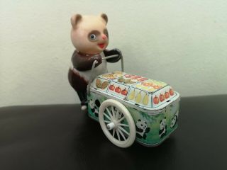 Vintage Red China Tin Toy.  Panda Fruit Cart.  Wind Up.