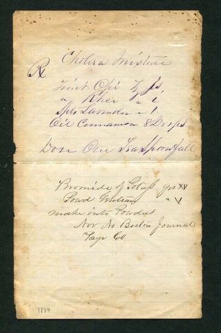 1834 Antique Manuscript Rx Medical Prescription Opium Cholera Mixture