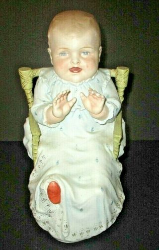 Antique Bisque Porcelain Piano Baby Boy In Chair Hertwig German Patty Cake 12 "