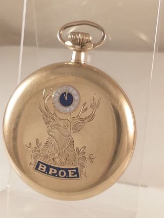 Elgin - Antique Rolled Gold Half Hunter B.  P.  O.  E.  Elks Lodge Enameled Pocket Watch