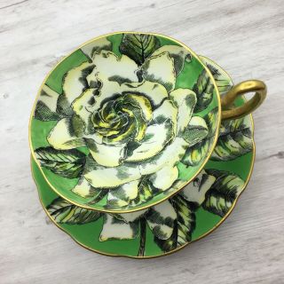 Taylor And Kent Green W/ Large White Rose Tea Cup And Saucer - Vintage Tea Cup