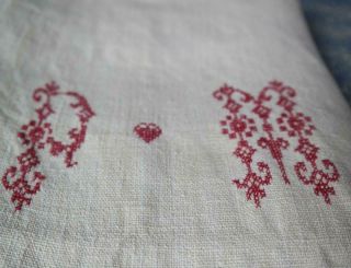 Exquisite French Antique Chanvre Hemp Sheet Throw Blanket.  P.  M Heart Monogram 10