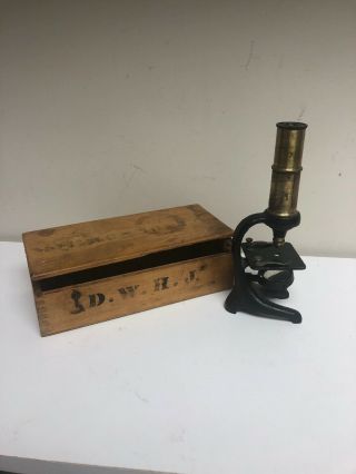 Antique German Microscope F.  W.  Schiek? Germany Brass D.  W.  H.  J Wooden Case 