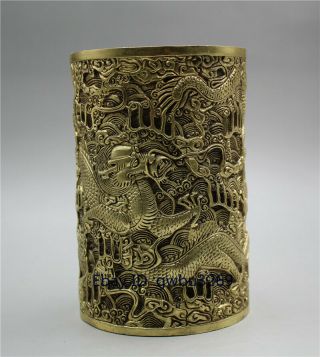 Chinese Brass Brush Pot Handwork Carved Dragon Pen Holder W Xuande Mark