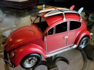 Vw Beetle Car - Red Volkswagen Tin Metal Collectible Toy - Handmade For Decor Nw
