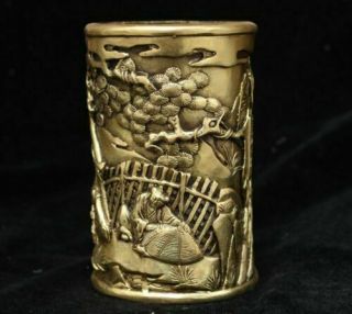 Chinese Palace Brass Carved Old Man Landscape Noble Brush Pot Pencil Vase Marked
