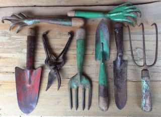 8 Vintage Antique Garden Hand Tools Boker Tree Brand Pruning Shears Spades Rakes