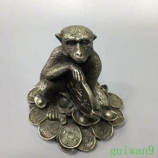 Handwork Collectable Old Art Miao Silver Carve Monkey Hold Wealth Fortune Statue