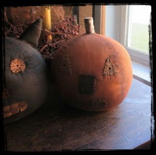 2 Primitive Halloween Jack O Lantern Pumpkin Head & Black Cat Head Sitter Dolls 2