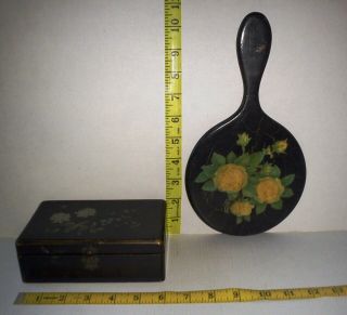 Antique Hand Mirror With Thick Bevelled Glass And Box With Lining