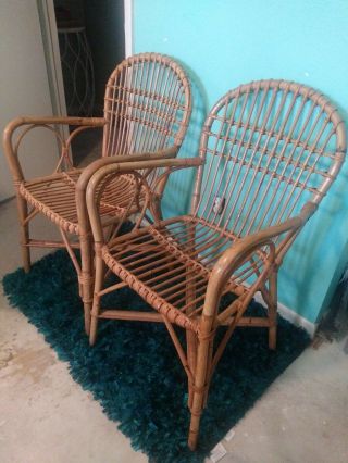 2 Vintage Mid Century Modern Danish Bentwood Bamboo Rattan Chairs Albini Style
