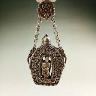 Ancient Chinese Tibetan Silver Snuff Bottle Hand - Carved Guanyin Pattern