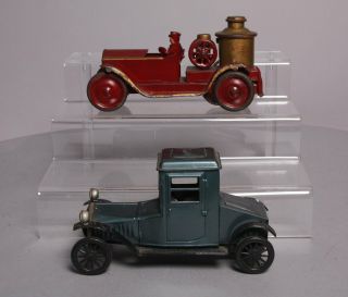 Bandai Japan Vintage 1913 Packard Tin Toy Friction Car & Vintage Tin Fire Truck