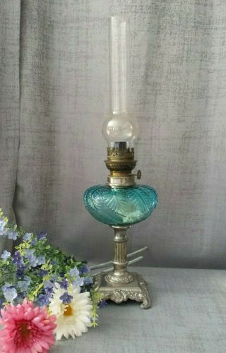 Antique French Oil Lamp Kerosene Parlor Victorian Lighting Blue Glass Font 22 "