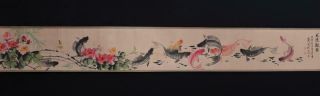 Chinese Old Wu Qingxia Scroll Painting Fish&flower 167.  32”