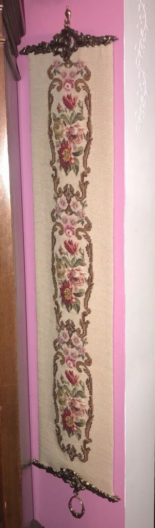 Antique Victorian Petit Point Tapestry Floral Bell Pull W Hanger Roses