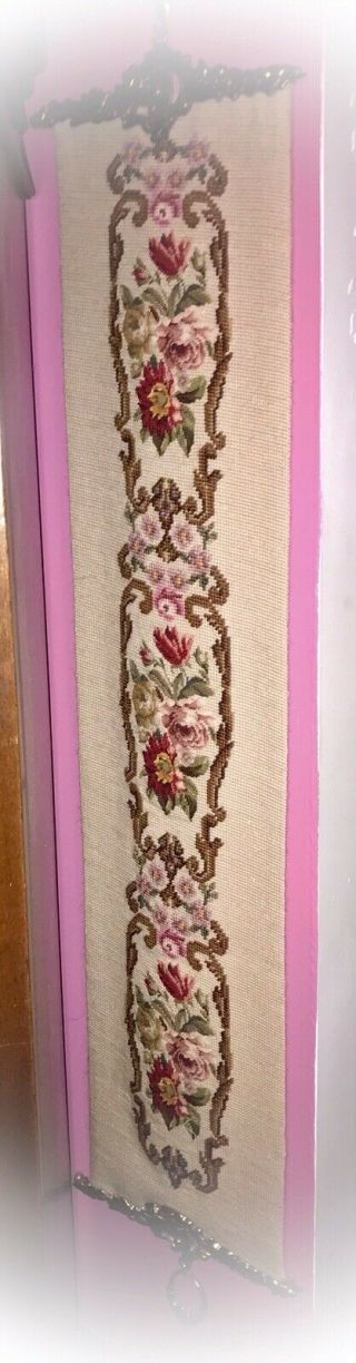 Antique Victorian PETIT POINT TAPESTRY Floral BELL PULL W Hanger ROSES 2